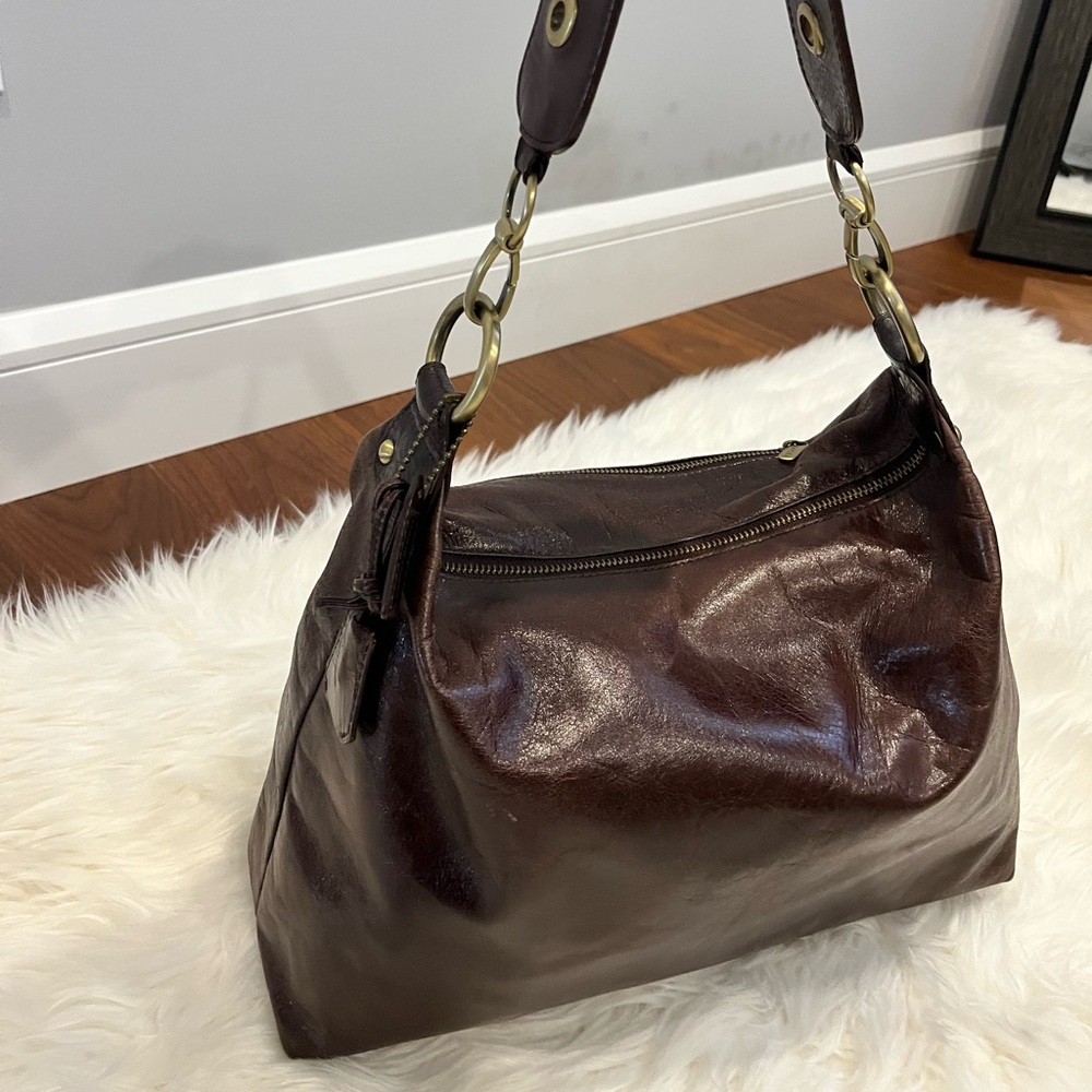 Danier Dark Brown Leather Hobo Bag with Brass Hardware